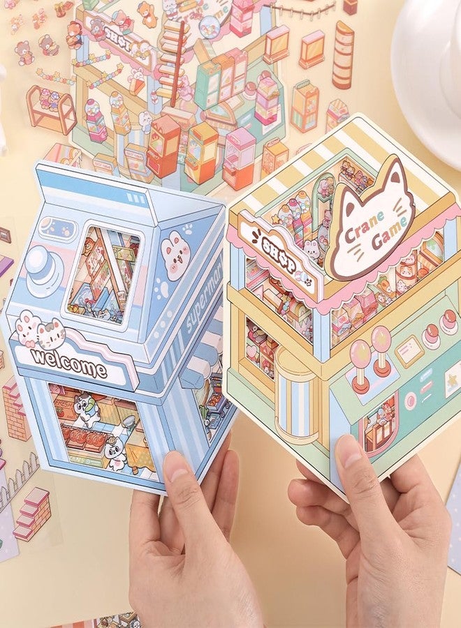 ICCEEMEE 4 Sets 3D Miniature Scene Stickers, DIY Diorama Stickers Bunny Pet Shop Midnight Food Street Kitty Market Furry Paw House for Adults & Kids Stress Relief Fun Pastime - Image 5